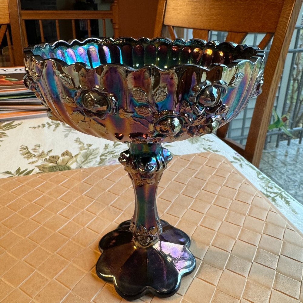 Vintage Fenton Compote Bowl Cabbage Rose Carnival Glass Blue Amethyst Iridescent